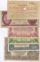 Vegyes 9db-os magyar bankjegy tétel nagyrészt a korona időszakból, benne 1914. 2K, 1920. 100K, 1923. 1000K + Pápa 1919. Csekk 10K-ról, szárazpecséttel, lyukasztással érvénytelenítve T:vegyes