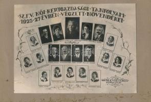 1927 Székesfővárosi Női Kertgazdasági Tanfolyam növendékei, tablókép, 20 db nevesített portréval, 17x23 cm