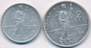 Románia 1911. 1L Ag "I. Károly" + 1912. 2L Ag "I. Károly" T:2,2- kis patina
Rom...