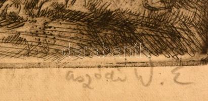 Aszódi Weil Erzsébet (1901-1976): Úttörőtábor. Rézkarc, karton, foltos, jelzett, 29×40 cm