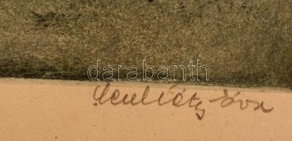 Scultéty Éva (1917-2001): Tátika. Színezett rézkarc, papír, jelzett, 29×40 cm