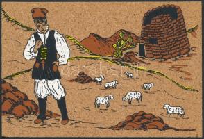 Juhász, foklór, parafa képeslap / Shepherd, folklore, corkwood postcard