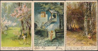 3 db szignós litho művészlap; romantikus párok, angyal / 3 signed art postcards; romantic couples, angel, litho s: E. Döcker
