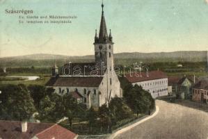 Szászrégen, Reghin; Evangélikus templom és leány iskola / church and girl school (fl)