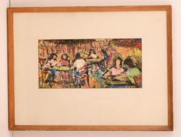 Pap Irén (1907-1979): Asztal társaságok. Tempera, papír, jelzett, üvegezett keretben, 18×40 cm
