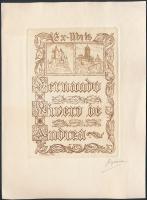 Rogelio P. Vizcaino (?-?): Ex Libris Fernando Rivero de Andrea. No. 10. Alegoria de Segovia. Rézkarc, papír, jelzett, 14×10 cm