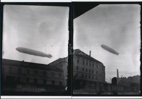 1931 Zeppelin Budapest felett, 4 db korabeli vintage üveglemez negatív mai nagyítása, 13x18 cm