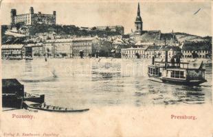 Pozsony, Pressburg, Bratislava; Látkép, vár, gőzhajó, kiadja B. Kaufmann / general view, castle, steamship (fl)