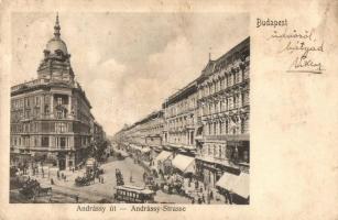 Budapest VI. Andrássy út, villamos, Deutsch F. Károly üzlete (fa)