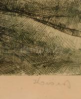 Kovács Júlia (1924-2007): Réten. Rézkarc, papír, jelzett, üvegezett keretben, 23×29 cm