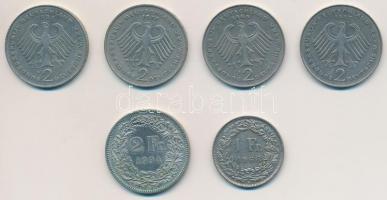 Vegyes: NSZK 1977-1987. 2M (4xklf) + Svájc 1968. 1Fr + 1994. 2Fr T:2
Mixed: FRG 1977-1987. 2 Mark (...