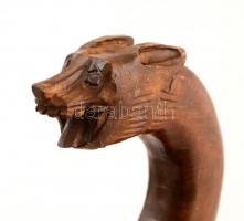 Díszes könnyűfa sétabot, faragott fejjel, h: 86,5 cm