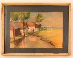 Patkó jelzéssel: Házak a vízparton. Akvarell, papír, üvegezett keretben, 22×33 cm