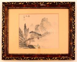Jelzett távol keleti festett selyem kép, üvegezett keretben, 19×21