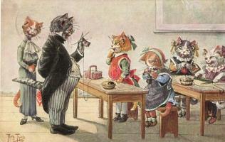 Cat school, humour, T.S.N. Serie 1880. s: Arthur Thiele