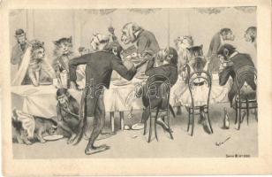 Cats and monkeys at the table, art postcard, D. & Co. B. Serie 2103. (fl)