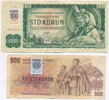 Szlovákia 1993. (1961) 100K + (1973) 500K mindkettő csehszlovák bankjegy szlovák bélyeggel T:III Slovakia 1993. (1961) 100 Korun + (1973) 500 Korun both are Czechoslovakian banknotes with Slovakian stamps C:F