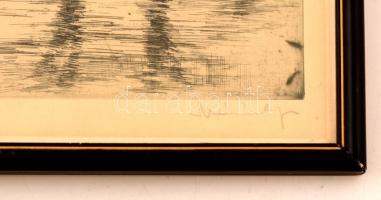 Novák Lajos (1927-1989):Folyópart. Rézkarc, papír, üvegezett keretben 29×39 cm