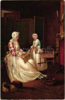 Die fleissige Mutter / ladies, art postcard, litho, s: Jean Chardin (EK)