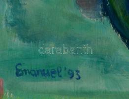 Emanuel jelzéssel: Csendélet családtagokkal. Akril, papír, felcsavarva, 58×47 cm