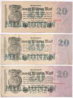 Németország / Weimari Köztársaság 1923. 20.000.000M (3x) 6 jegyű sorszámmal T:III Germany / Weimar Republic 1923. 20.000.000 Mark (3x) 6 digit serial C:F