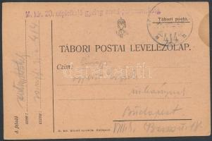 ~1918 Field postcard "M. KIR. 20. népfölkelő gyalog ezred parancsnokság" + "TP 414 b", ~1918 Tábori posta levelezőlap "M. KIR. 20. népfölkelő gyalog ezred parancsnokság" + "TP 414 b"