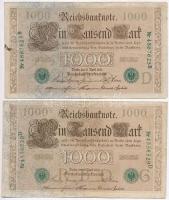 Német Birodalom 1910. 1000M (4x) hétjegyű sorszám, zöld pecséttel T:III  German Empire 1910. 1000 Mark (4x) 7 digit serial with green seal C:F Krause 45.b