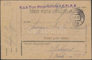 1917 Tábori posta levelezőlap / Field postcard K.u.k. 15 cm Mörserbatterie 1/6 Fs. A.R. + FP 629 b