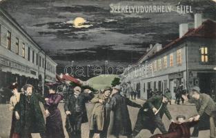 Székelyudvarhely, Odorheiu Secuiesc; éjjel, humoros lap részeg férfiakkal, Florián Bogdán kereskedése / humorous drunk men montage postcard, shop (fa)