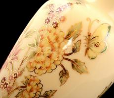 Zsolnay virág és pillangó mintás váza, kézzel festett, jelzett, hibátlan, m:26 cm