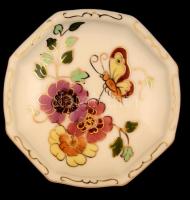 Zsolnay pillangó mintás ékszerdoboz, kézzel festett, jelzett, hibátlan, d:9 cm