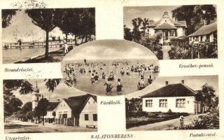 Balatonberény, Erzsébet penzió, fürdőzők, postahivatal, utcarészlet
