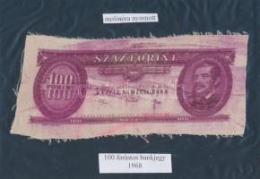 1968. 100Ft nyomógépi meghibásodás miatt textíliára nyomott előlapi nyomat, a széleken fekete kartonra ragasztva RRR! /  Hungary 1968. 100 Forint front print on textile because of the damage of the printing machine, glued to black cardboard RRR!