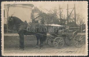 Békéscsaba, Zlehovszky János autocarosserie és kocsigyártó lovasszekere, reklám, Horthy Miklós út 42. Schwartz photo (EB)