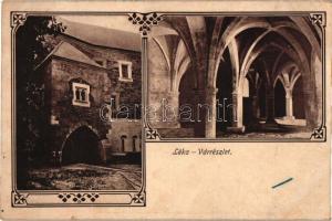 Léka, Lockenhaus; Lovagterem a várban, belső, kapu, kiadja Róth Jenő / castle interior, gate, Art Nouveau (kis szakadás / small tear)