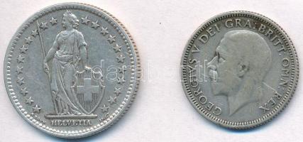 Vegyes: Nagy-Britannia 1933. 1Sh Ag "V. György" + Svájc 1953B 2Fr Ag "Helvetia" T:2,2- kis patina Mixed: Great Britain 1933. 1 Shilling Ag "George V" + Switzerland 1953B 2 Francs Ag "Helvetia" C:XF,VF small patina Krause KM#833; KM#21