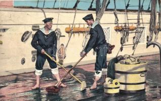 Pola, Deckreinigung / K.u.K. Kriegsmarine, mariners cleaning deck