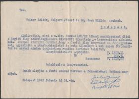 1943 A magyar királyi honvéd 109/22 tábori munkásszázad számvizsgáló bizottságának két levele pénz- ...