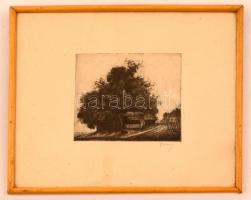 Olvashatatlan jelzéssel: Falusi út. Rézkarc, papír, üvegezett keretben, 14×17 cm