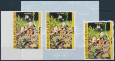 Gomba vágott + fogazott bélyeg + bélyeg blokk formában, Mushroom perf + imperf stamp + stamp in block form