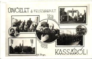 1938 Kassa, Kosice; bevonulás, díszkapu / entry of the Hungarian troops, gate, "1938 Kassa visszatért" So. Stpl, Foto Singer