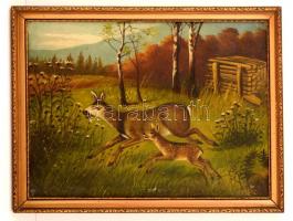 Olvashatatlan jelzéssel: Menekülő gida és ünő. Olaj, vászon, keretben, 25×45 cm