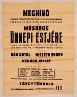 1946 Meghívó a Budapesti Villamfelszerelők Műszerészek és Látszerészek Ipartestülete székházának újjáépítésére tartandó műsoros ünnepi estre, a hajtások mentén kis szakadásokkal, 80×60 cm