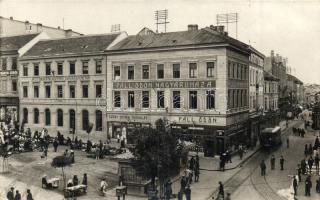 1929 Pécs, Széchenyi tér, Páll Ödön nagyáruháza, piac, Pécs-Baranyai Központi Takarékpénztár, Szent István Társulat üzlete, villamos, Zsabokorzsky mérnök photo