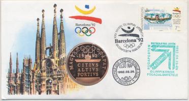 1992. Barcelona - Magyar csapat emlékérem bélyeges borítékon, elsőnapi bélyegzéssel T:PP