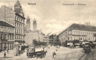 Budapest V. Károly körút, zsinagóga, villamosok, Schilinger FErenc, Kohn Mór fiai, Szikla D., Frank és Steiner üzletei, Dreher Antal sörfőzdéjének városi főraktára