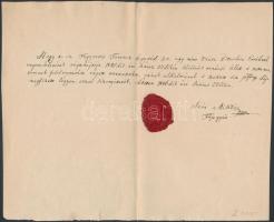 1846 Szén Miklós (?-?) pesti főjegyző magyar nyelvű tanúságlevele végrendelet végrehajtási díjának megfizetése tárgyában, rányomott viaszpecséttel