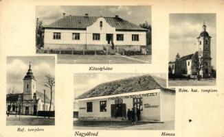 Nagyölved, Velké Ludince; Fogyasztási szövetkezet boltja, községháza, református templom, római katolikus templom / shop, town hall, churches (EB)