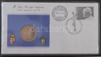 1991. 100Ft Cu-Ni II. János Pál pápa látogatása Magyarországon érmés borítékban első napi bélyegzős bélyeggel, tájékoztatóval eredeti műbőr tokban T:BU