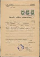 1946 A magyar királyi rendőrség szombathelyi kirendeltsége által kiállított hatósági erkölcsi bizonyítvány nyomdász részére örökbefogadás céljából, okmánybélyegekkel